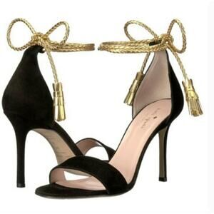 Kate Spade Inez Heels 9.5 Black Suede Sandals Ankle Wrap Gold Braid Bow Glam